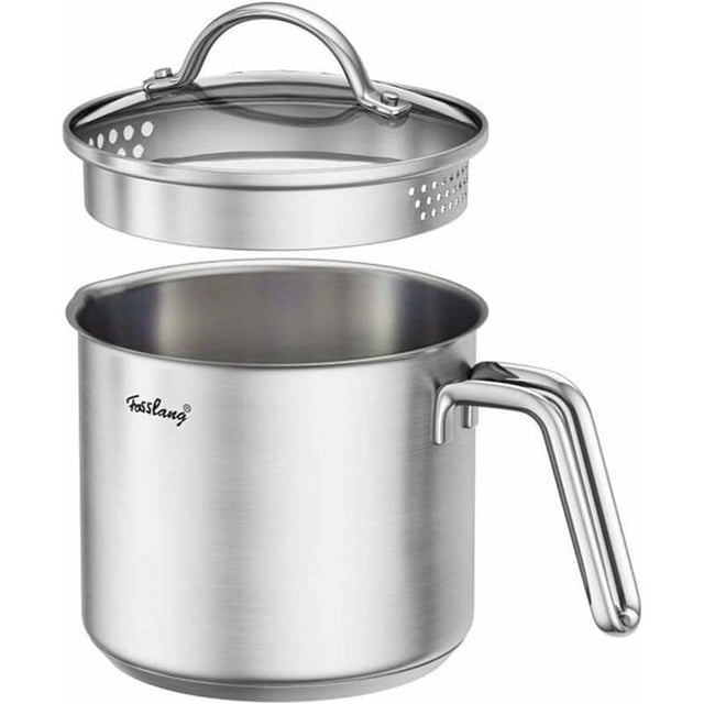 Olla para leche antiadherente con pico de acero inoxidable y tapa de vidrio para hervir leche, salsa, pasta y fideos - 14 cm