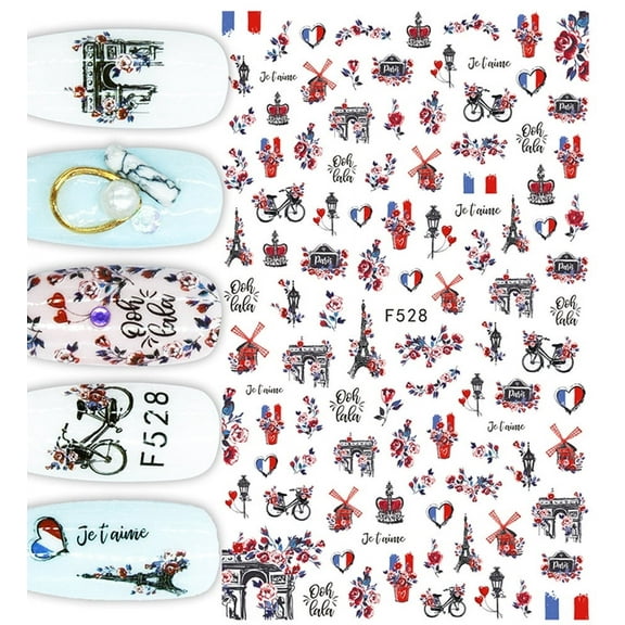Adorable parisian nail art stickers with french landmarks - bicycle, flag, windmills