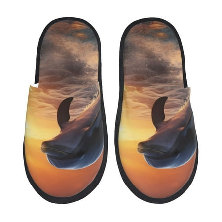 Balery Sunset Dancing Dolphin Slient Indoor Furry Fleece Comfort House Shoes Soft Non-Slip Home Shoes Cotton slippers House Slippers-- Medium