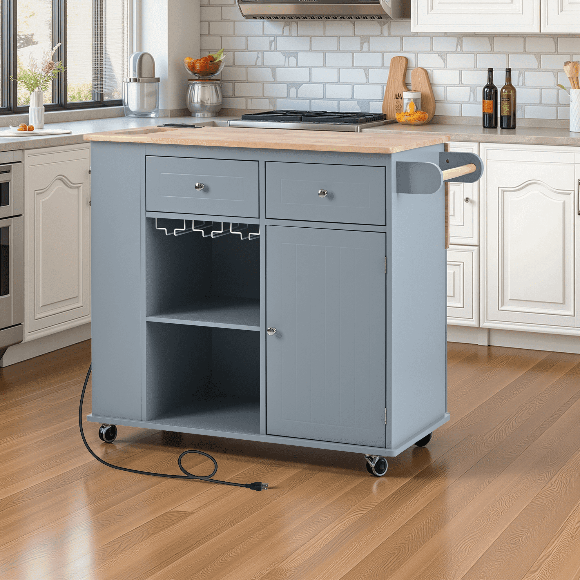 MAYEERTY Rolling Kitchen Island with Power Outlet, Towel Rack, Drop Leaf & Rubber Wood, Black