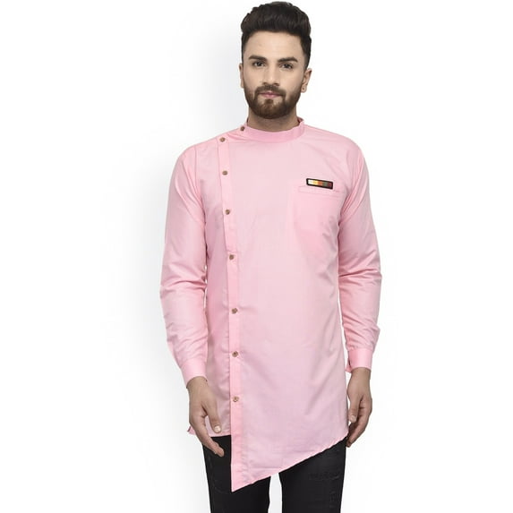 eloria Indian Traditional Men's Pink Solid Thread Work Kurta