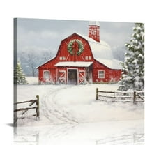 JEUXUS Red Barn Canvas Wall Art: Christmas Rustic Red Barn Bathroom Decor Winter Old Barn Pictures Barn Wall Art Framed for Farmhouse Bedroom Ready to Hang 16x20 in