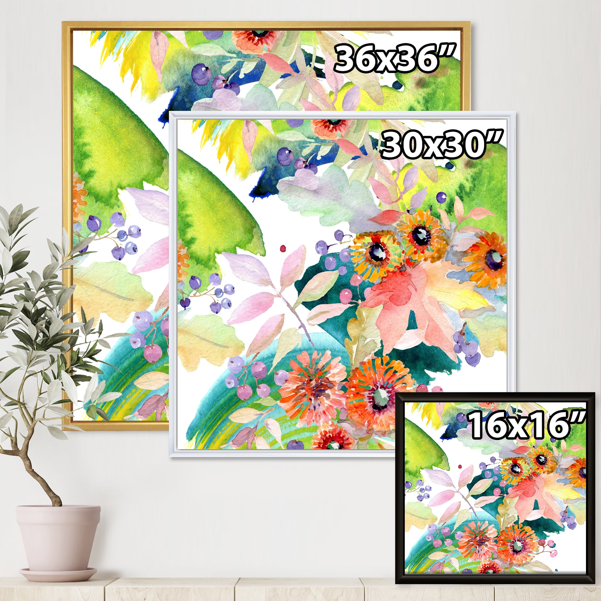 Designart 'Vital Wild Spring Leaves and Wildflowers III' Modern Framed Canvas Wall Art Print