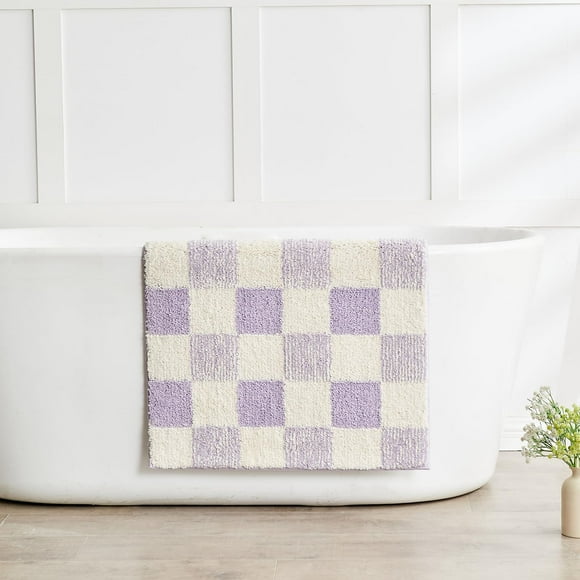 Alfombra de baño CozoCube de microfibra antideslizante a cuadros, color morado