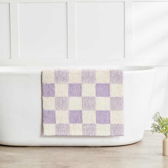 Alfombra de baño CozoCube de microfibra antideslizante a cuadros, color morado