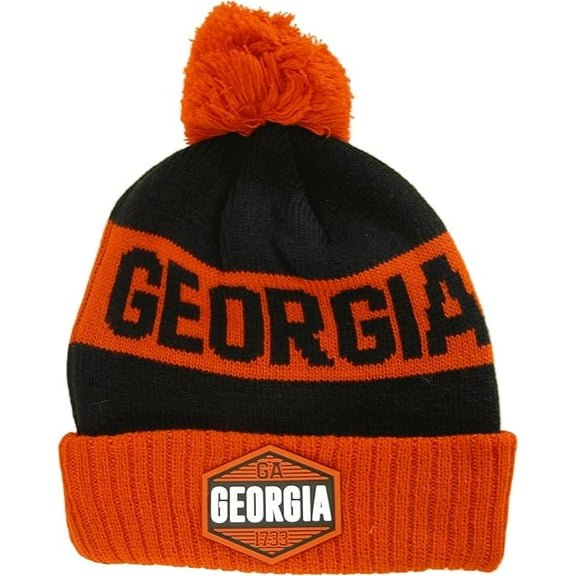 Georgia Winter Knit 3D Rubber Patch Pom Beanie Hat (Red/Black)