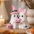 thumbnail image 6 of Cute Ghost Couple Halloween Figurine Resin Witch Hat Bow Pumpkin Tabletop Decor for Mantel Shelf Party Home, 6 of 7