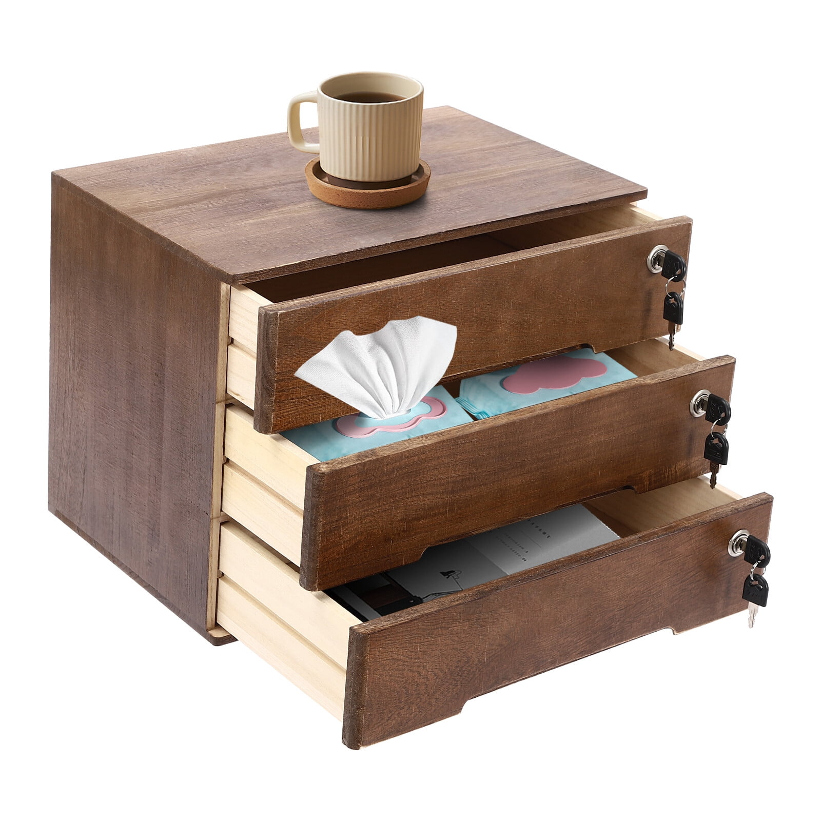 DENEST Wooden Desktop Storage Box with Lockable Drawers, 3 Tiers Office Supplies File Organizer, Flat File Cabinet Desk Storage Box for Dresser Tabletop