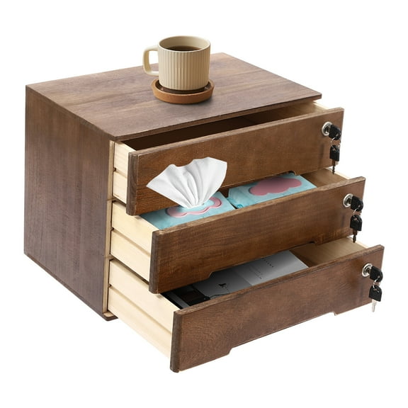 3 Tier Wooden Desktop Storage Box With Lockable Drawers Office Supplies File Organizer