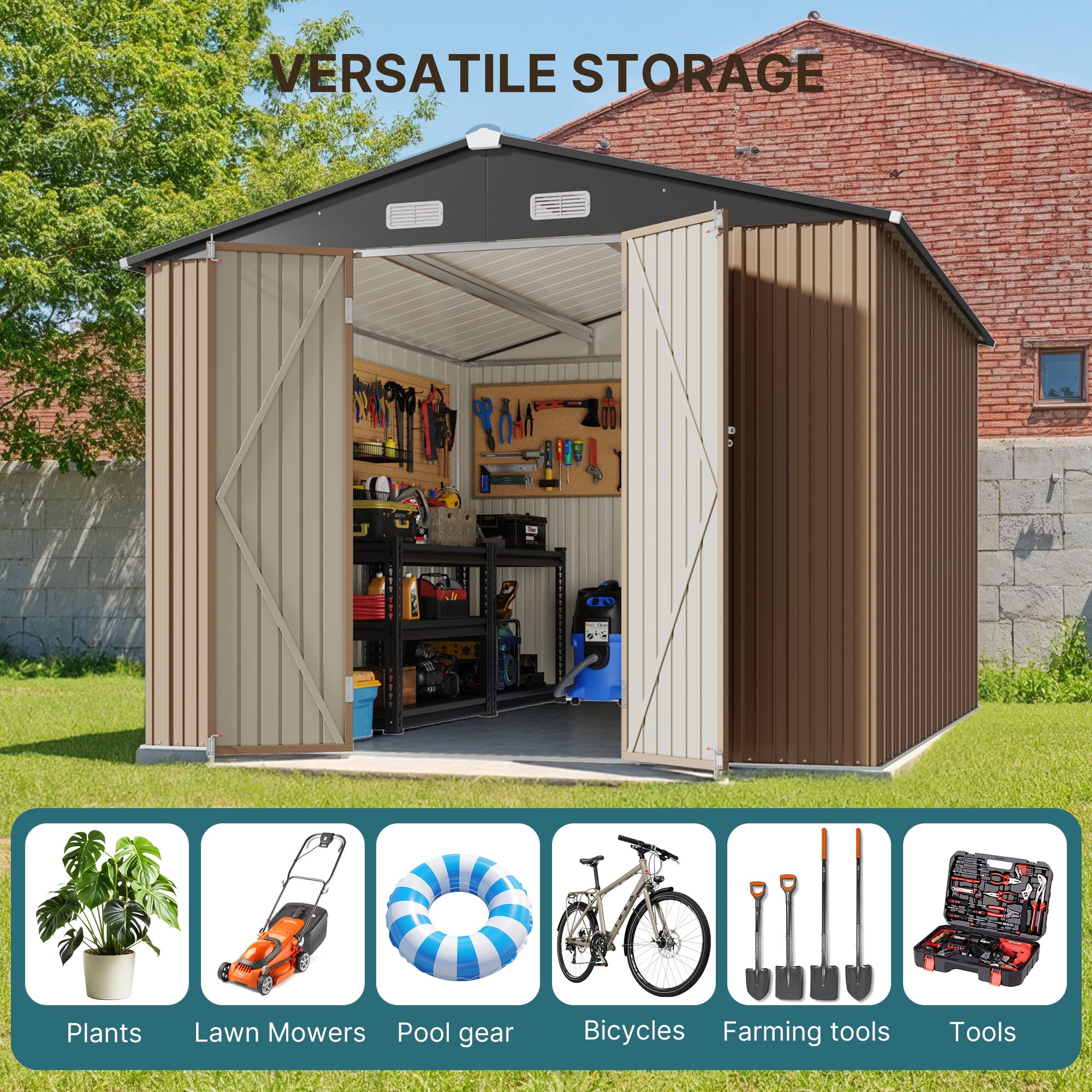 Lofka 10x10 FT Outdoor Storage Shed, Garden Metal Shed with Windproof and Rainproof for Outside, 4 Louvre Vents, Brown