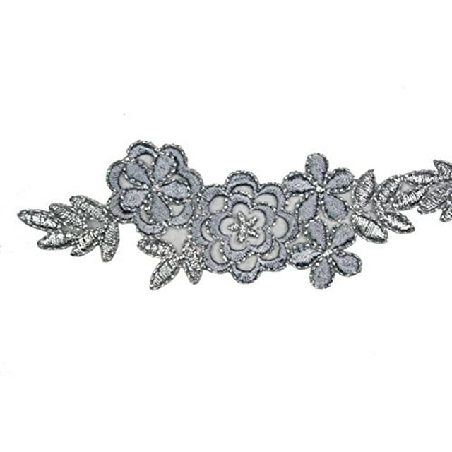 1.75" Embroidered Floral Gray with Silver Metallic by Yard