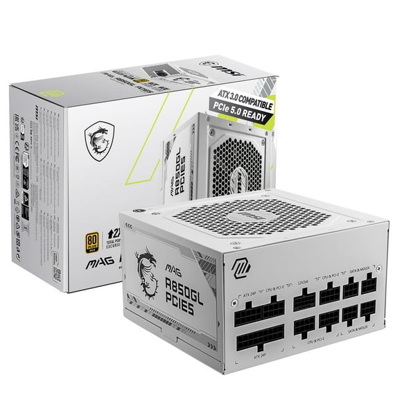 MSI MAG A850GL PCIE5 850W ATX 3.1 & PCIE 5.1 Ready Full Modular 80 Plus Gold Gaming Power Supply - White