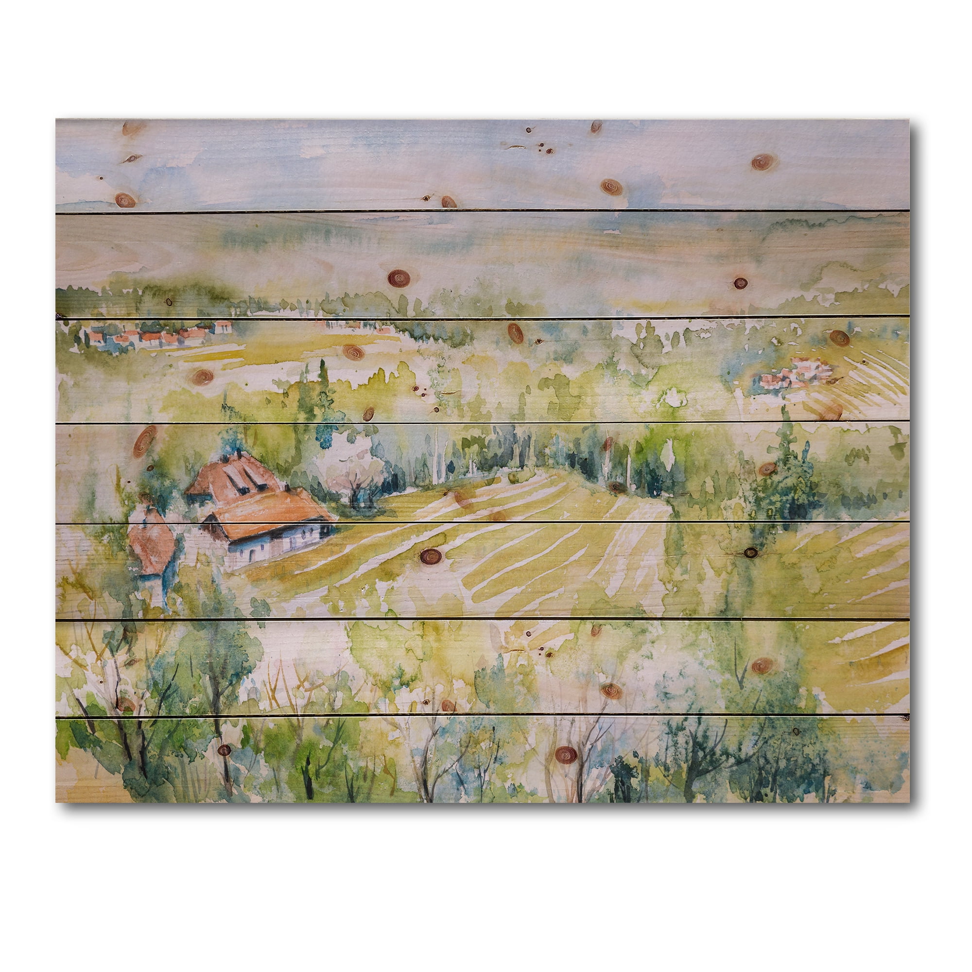 Designart 'Abstract Blossoming Green Fields In Countryside ' Country Print on Natural Pine Wood