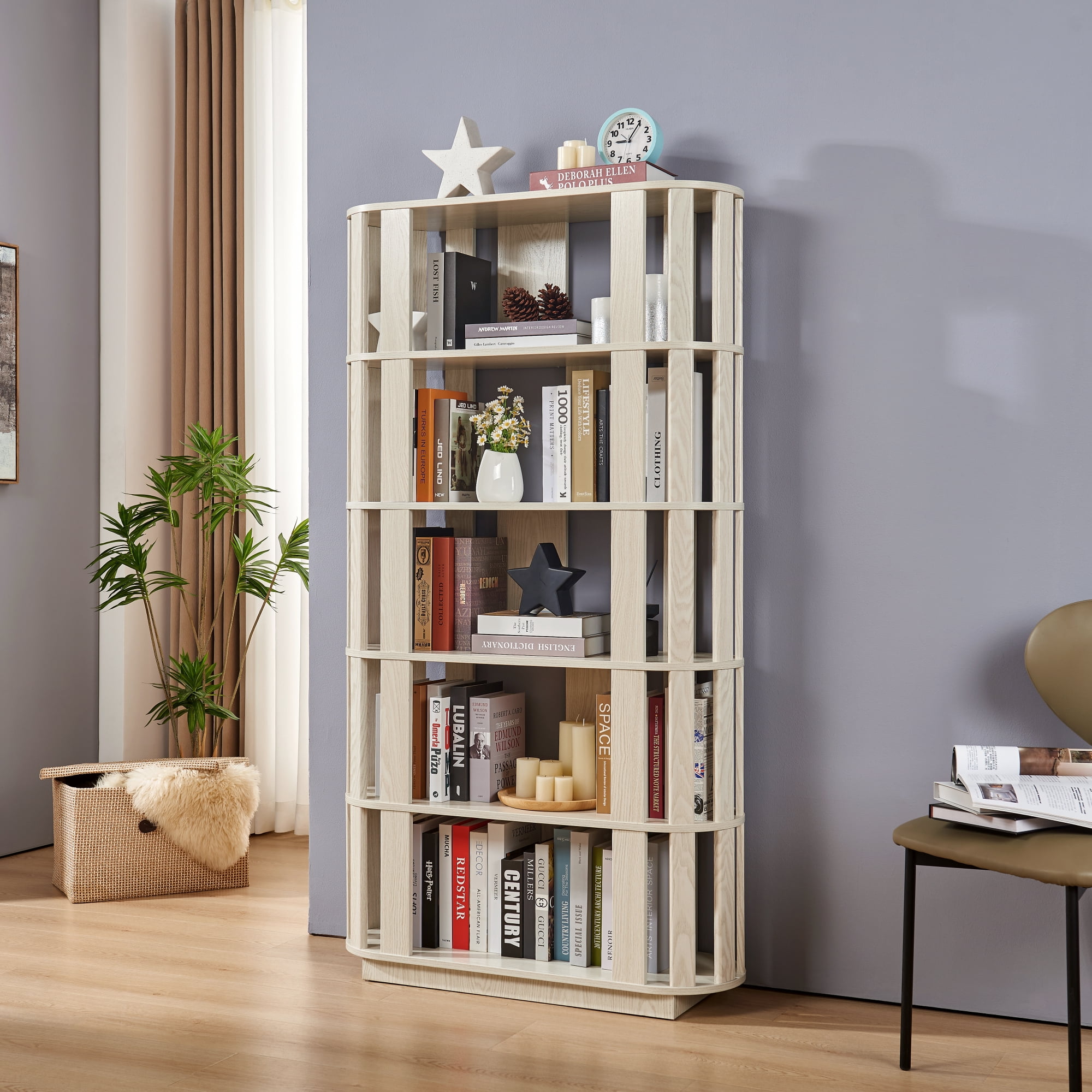 Leumius Wooden Oval Open Bookshelf, 5-Tier Freestanding Bookcases,Easy Assembly DIY Free Combination Storage Cabinet Storage Display Rack for Living Room Home Office Decor,White