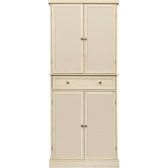 Kitchen Pantry Storage Cabinet, Tall Cabinet with 4 Rattan Doors and 1 Drawers, Freestanding Cupboard with Adjustable Shelves, Utility Pantry for Kitchen, Dining Room (Natural), Large, AZ-1300