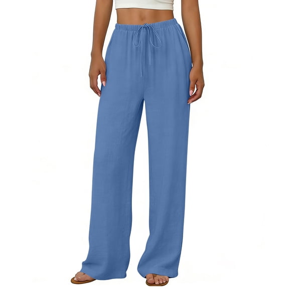 Nkmbld Womens Linen Pants Wide Leg Drawstring Flowy Plus Size Work Pants Summer Beach Trousers