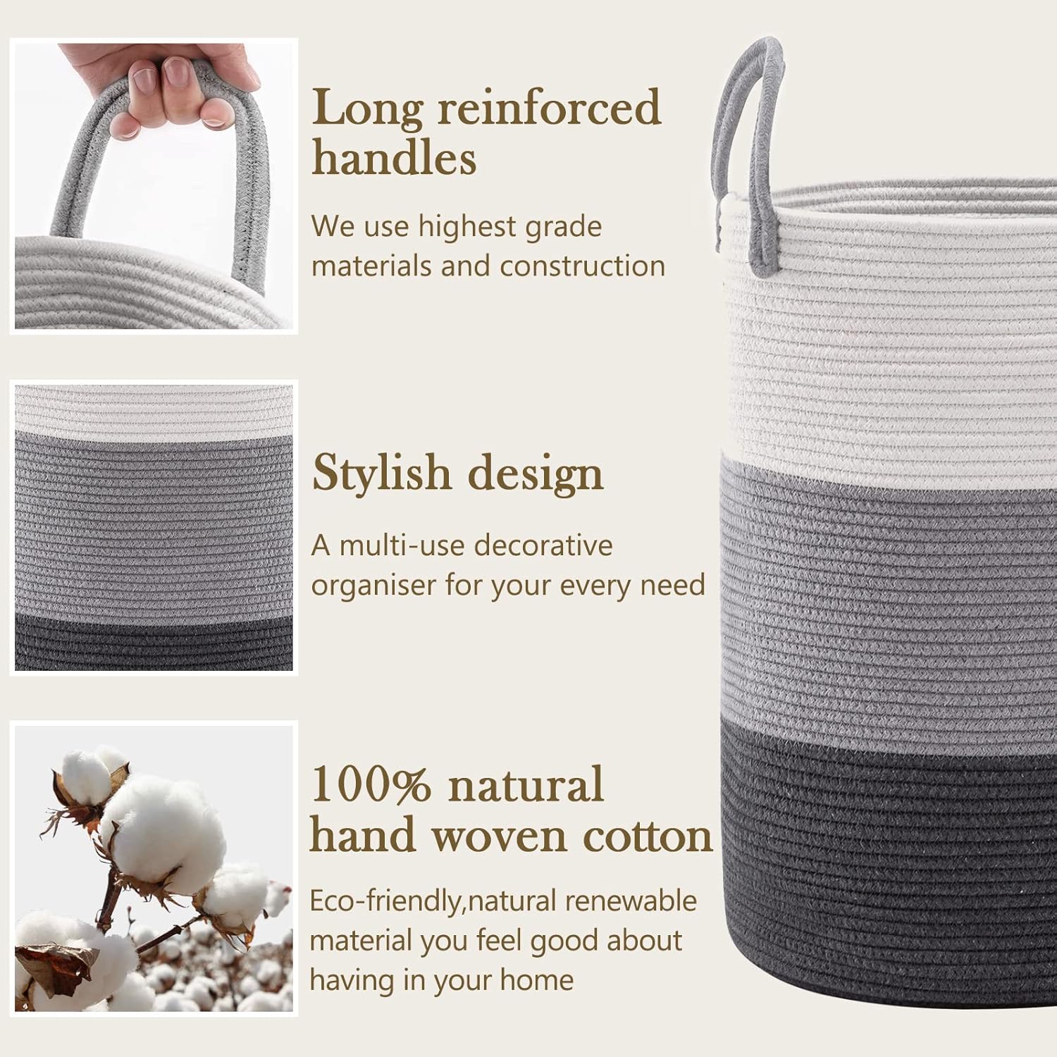 YOUDENOVA Laundry Hamper Basket, Woven 58L Tall Laundry Basket for Blanket Organizer- Nursery Hamper for Bedroom And Bathroom Storage