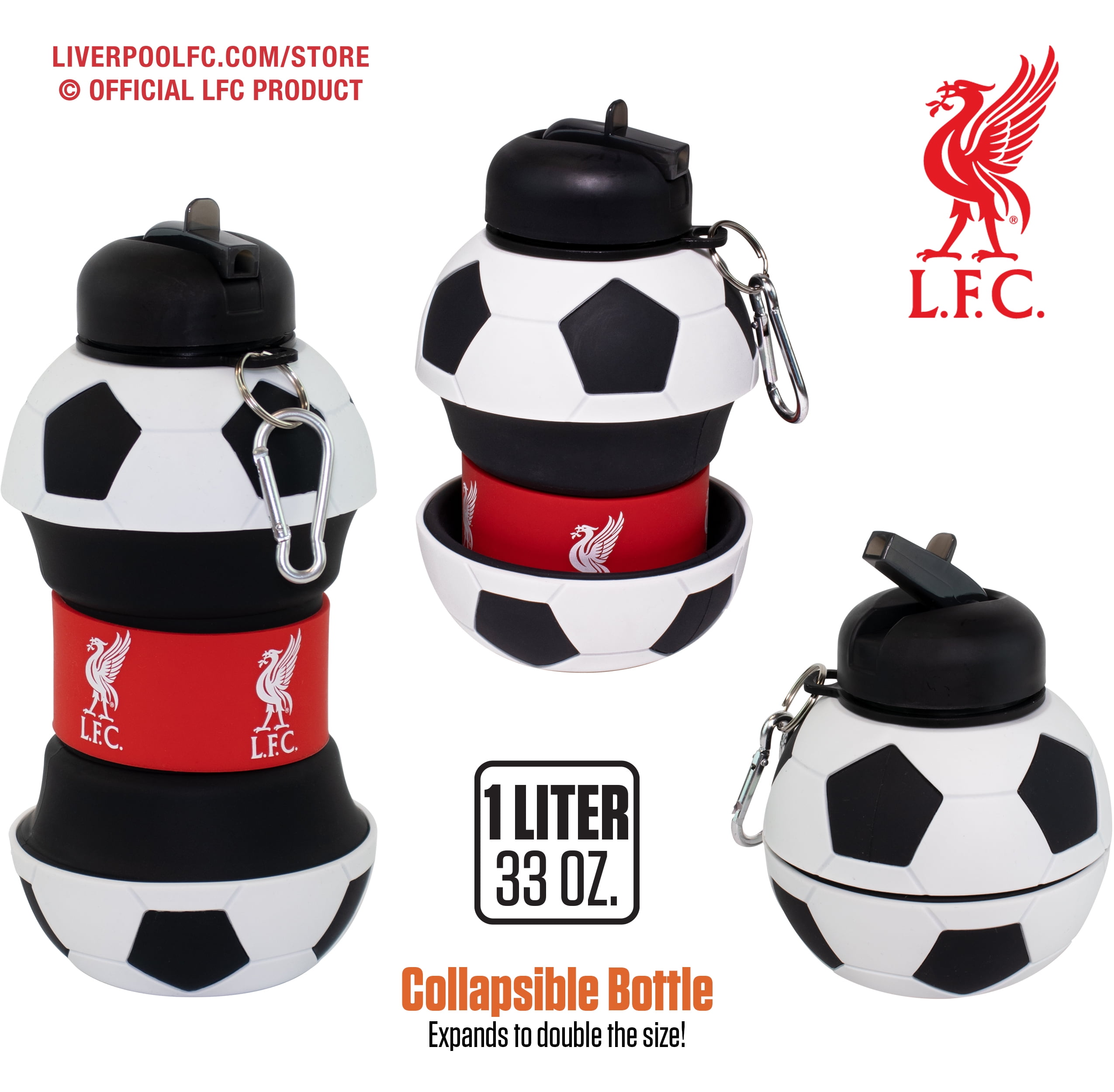 MACCABI ART Liverpool Clip-On Collapsible 1 Liter, 34 oz. size BPA-Free Silicone Soccer Large Water Bottle for Kids