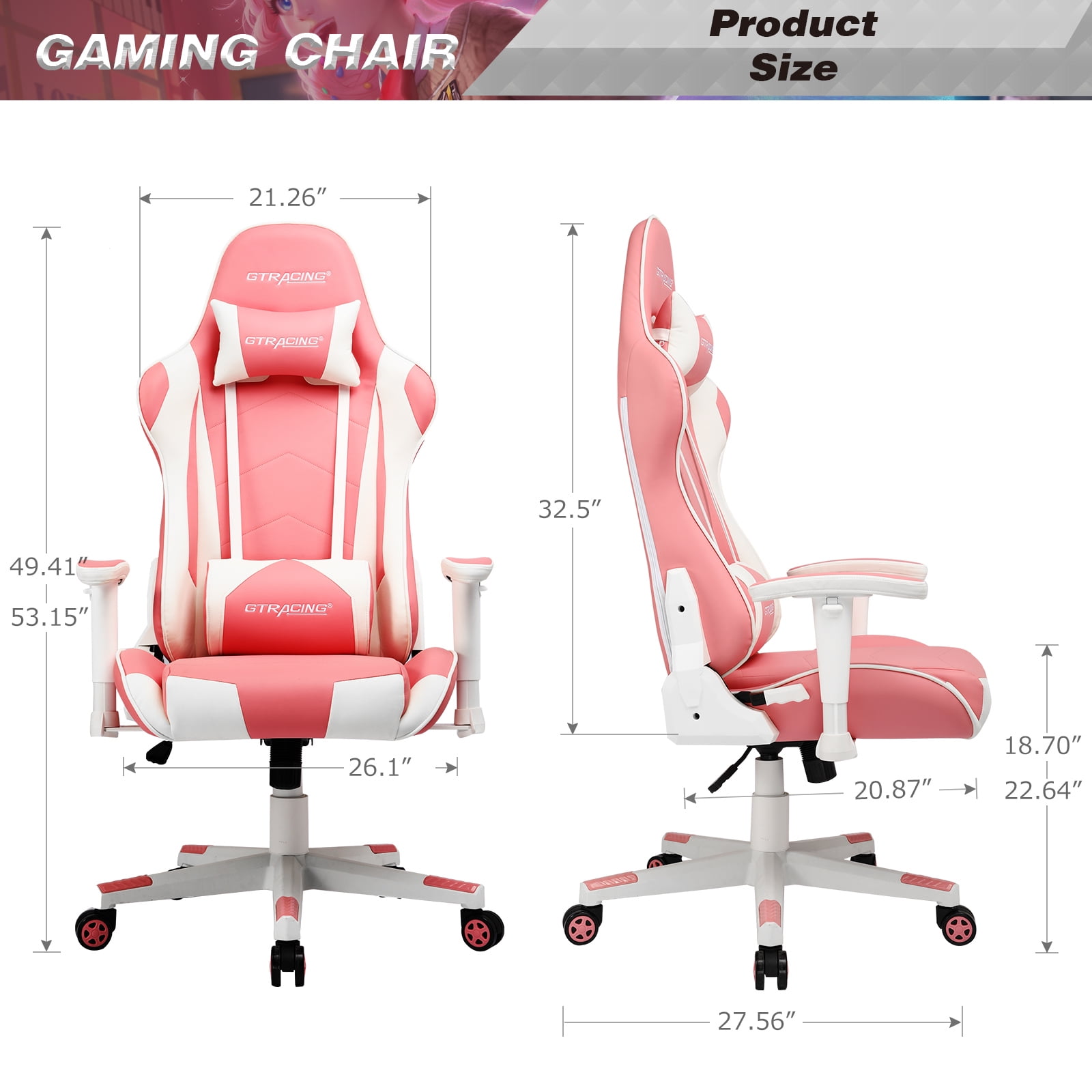 Gaming Office Chair PU Leather with Adjustable Headrest and Lumbar Pillow  Pink/Purple - GTRACING