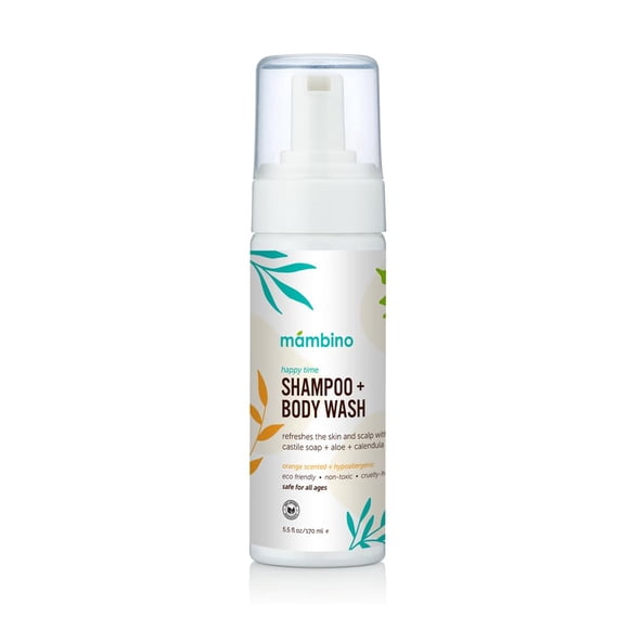 Mambino Organics Happy Time Champú y gel de baño para niños - Limpiador hipoalergénico a base de plantas, ecológico para cuerpo y cabello para pieles sensibles - Caléndula y naranja 5.5floz