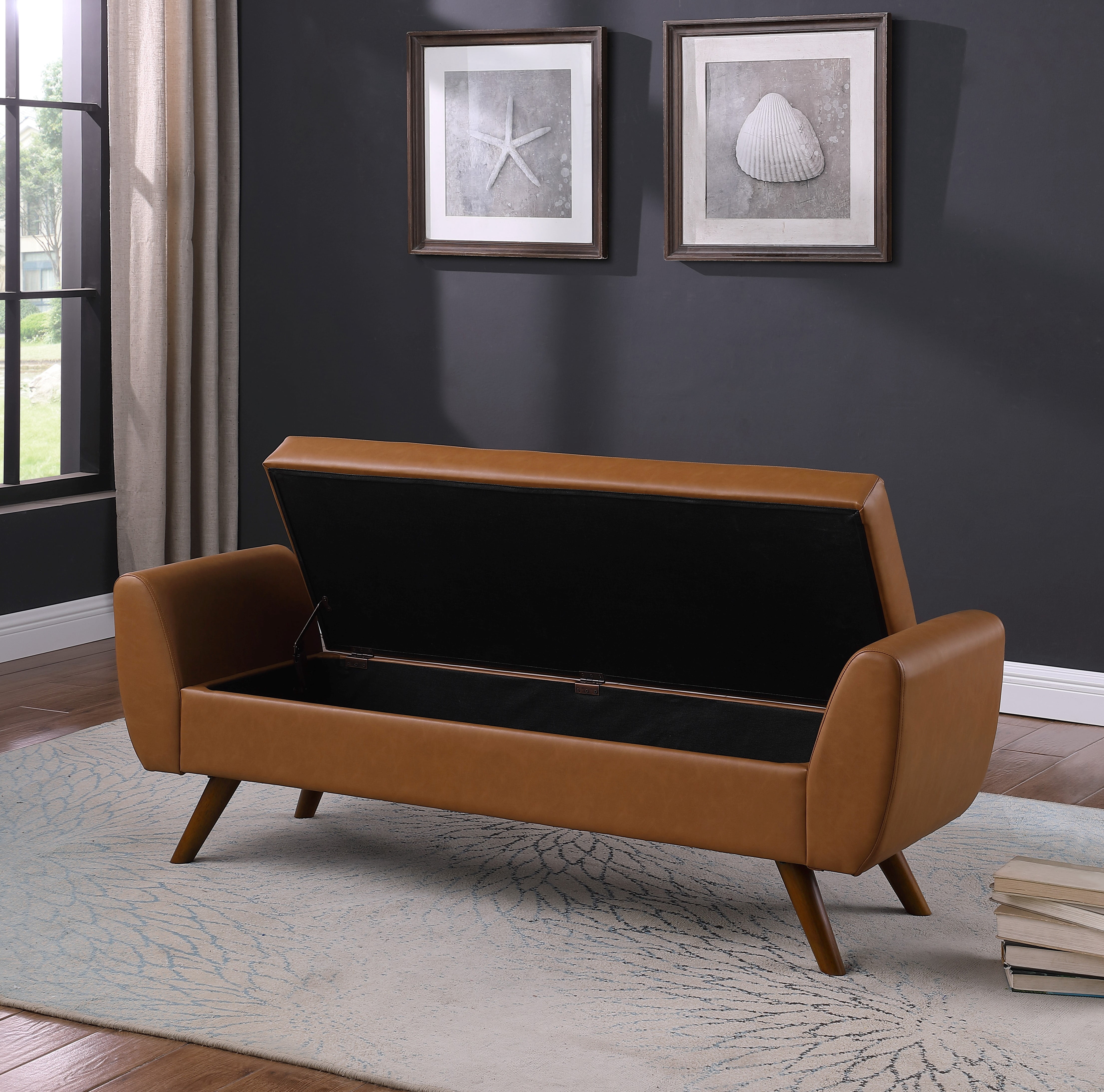 HomePop Modern Storage Bench with Wood Legs - Carmel Vegan Leather