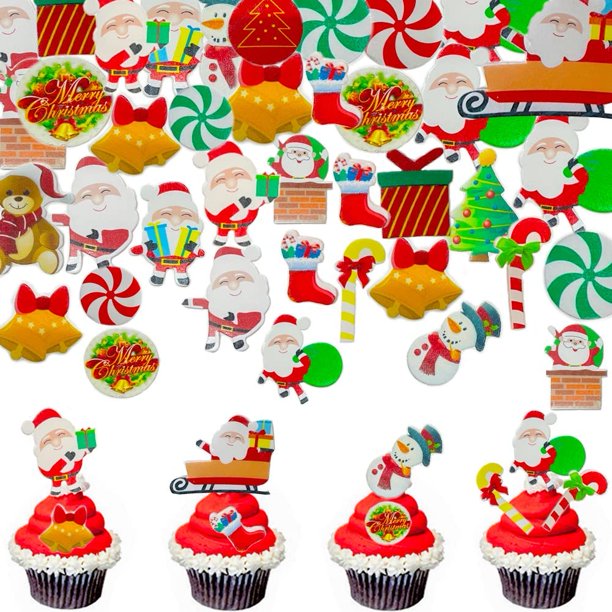 ER 300 piezas de decoraciones comestibles para pasteles de Navidad, pasteles de Navidad comestibles, adornos para magdalenas, papel de oblea de Navidad, árbol de Navidad de Papá Noel, muñeco de nieve, decoración de pasteles para fiestas temáticas de Navidad oso de fresa Electrónica