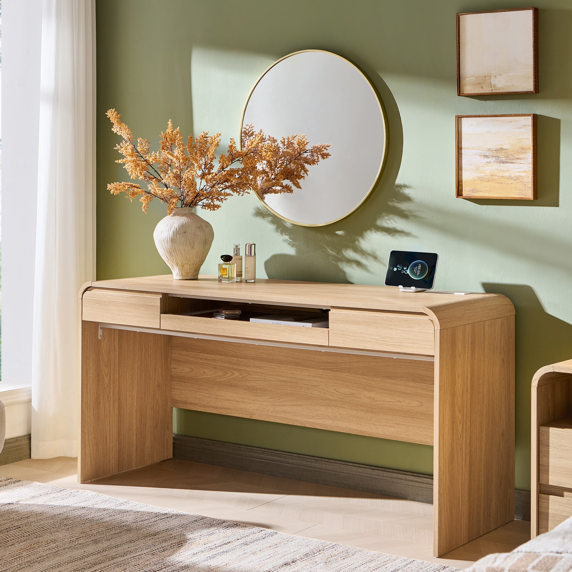 wow97e Modern Computer Desk with Storage Drawers, 57'' Large Executive Office Desk with Charging Station & Keyboard Tray for Home Office