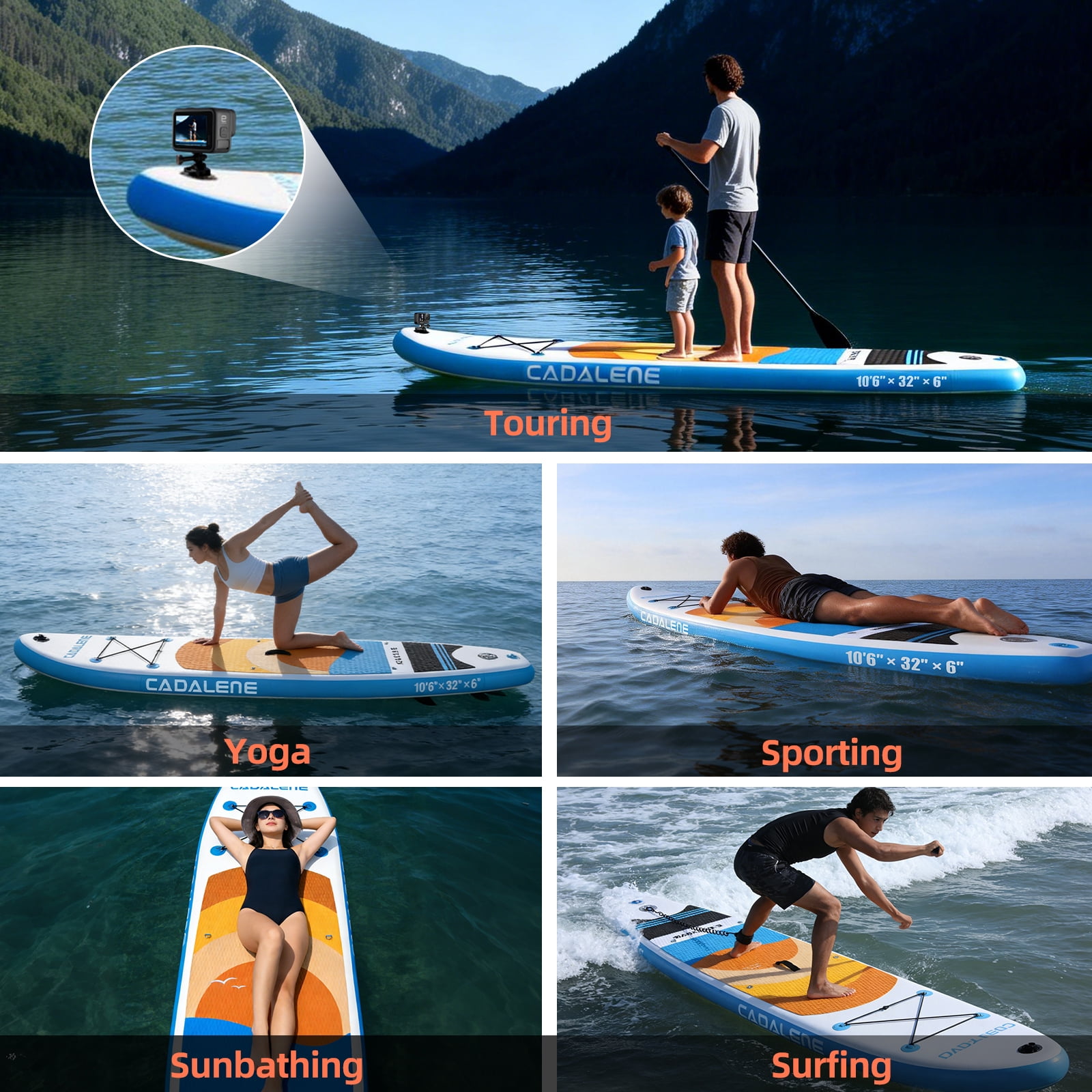 Cadalene 10'6" Inflatable Stand Up Paddle Board with Premium SUP Accessories,Built-in Camera Mount,for All Skill Levels