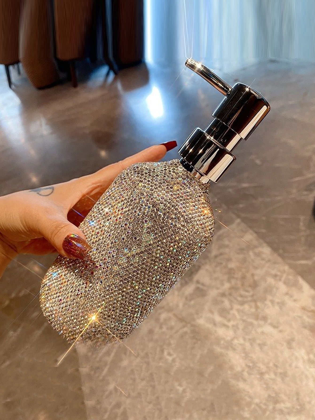 Bling Glass Soap Dispenser with Rust Proof Stainless Steel Pump,Refillable Liquid Hand Wash Bottle for Bathroom Kitchen,Sparkle Decorative Shower Dispenser-500ml