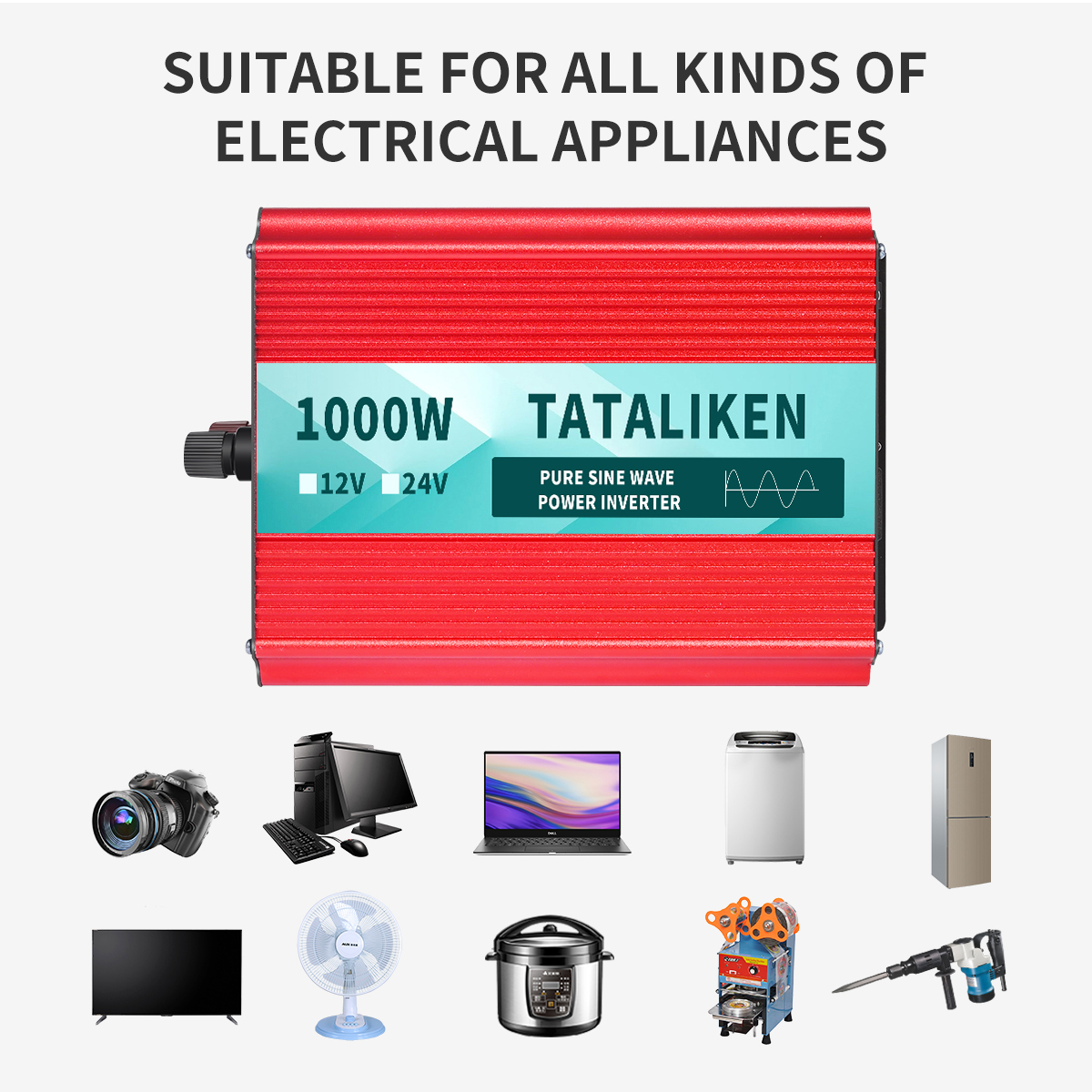 TATALIKEN 1000 Watts 2000 Watts Pure Sine Wave Power Inverter DC 12V to AC 110V/120V Car Inverter with 2 AC Outlets for Power Tools Home Vehicles RV Truck, LCD Display
