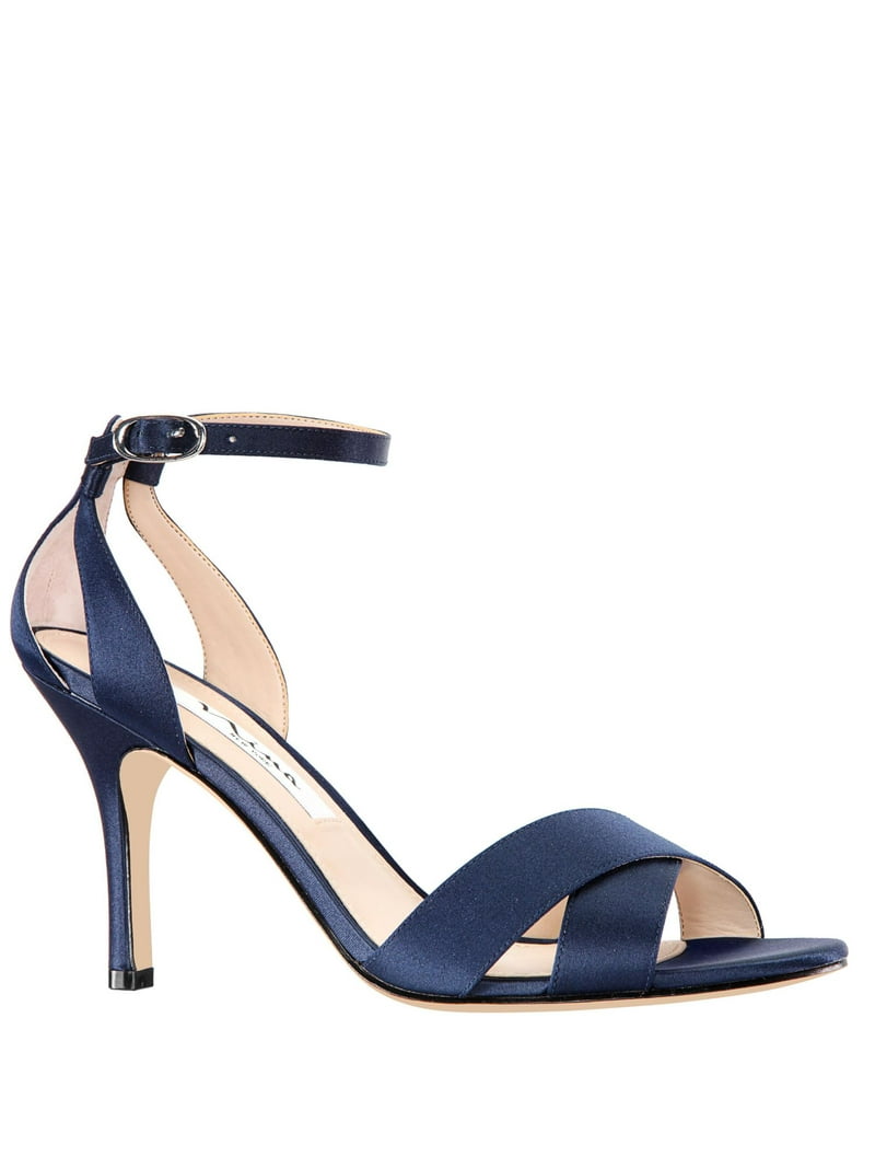 ladies navy dress sandals Navy Satin Block Heel Sandals with FLORAL RHINESTONES on Upper Strap, Women Sandals, Flower Girls Shoes, Holiday Shoes, Something Blue