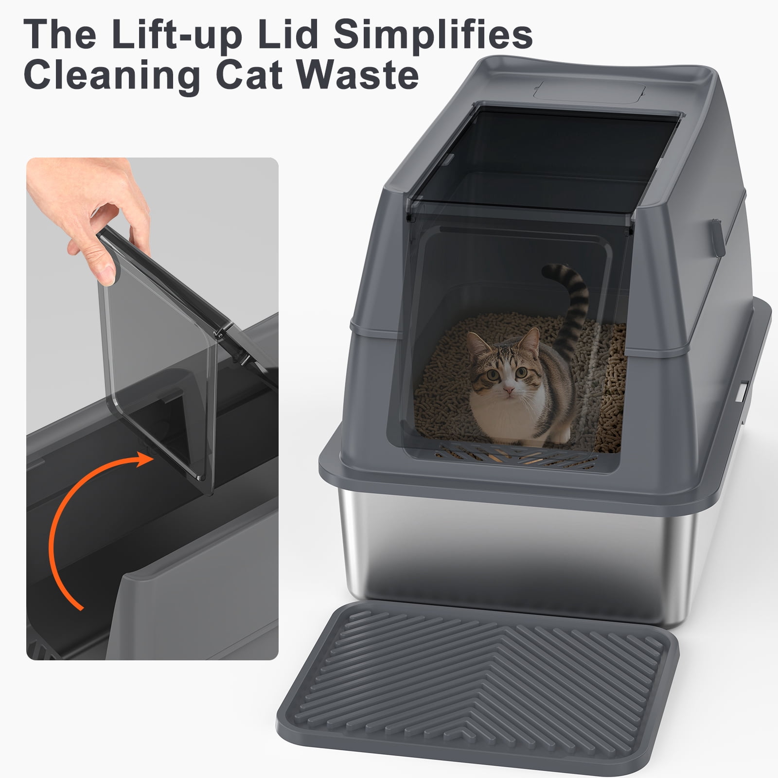 XL Extra Large Stainless Steel Litter Box with Lid, Metal Cat Litter Boxes for Big Cats Enclosed, Metal Litter Box with Litter Scoop Set, Non-Sticky, Anti-Urine Leakage, Dark Gray