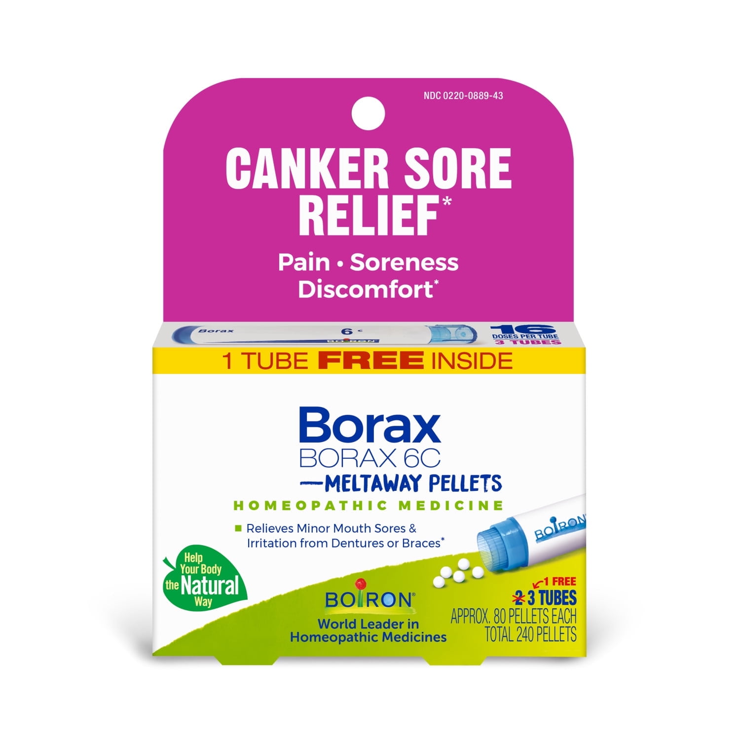 Boiron Borax 6C Bonus Pack, Homeopathic Medicine for Canker Sore Relief, Pain, Soreness, Discomfort, 240 Pellets