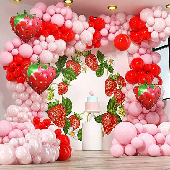 SKTMH 130Pcs Strawberry Balloon Garland Arch Kit Strawberry Party Decoration Pink Balloon Arch Pink Red Balloons for Wedding Strawberry Birthday Baby Shower Decorations Berry 1st Birthday Decoration