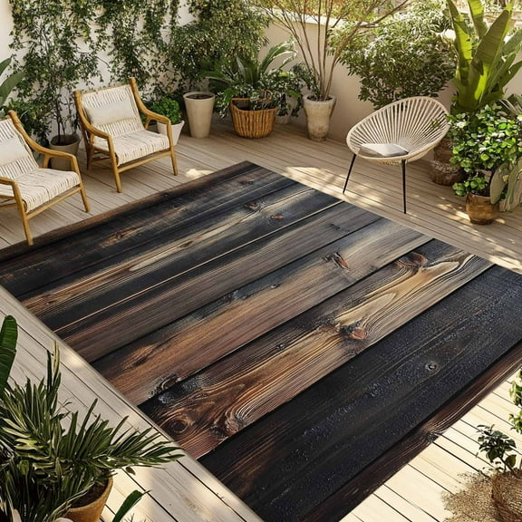 Fsddascl Black Brown Plank Outdoor Rug for Patio/Deck/Porch, Non-Slip Large Area Rug 4 x 6 Ft, Vintage Chic Wooden Grain Indoor Outdoor Rugs Washable Area Rugs, Reversible Camping Rug Carpet Runner