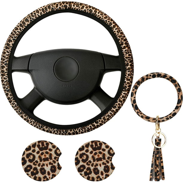 Ensemble d'accessoires de voiture à imprimé léopard 4 pièces, couvre-volant  léopard, sous-verres de voiture léopard et bracelet porte-clés léopard pour  voiture, camion, SUV Marron - 