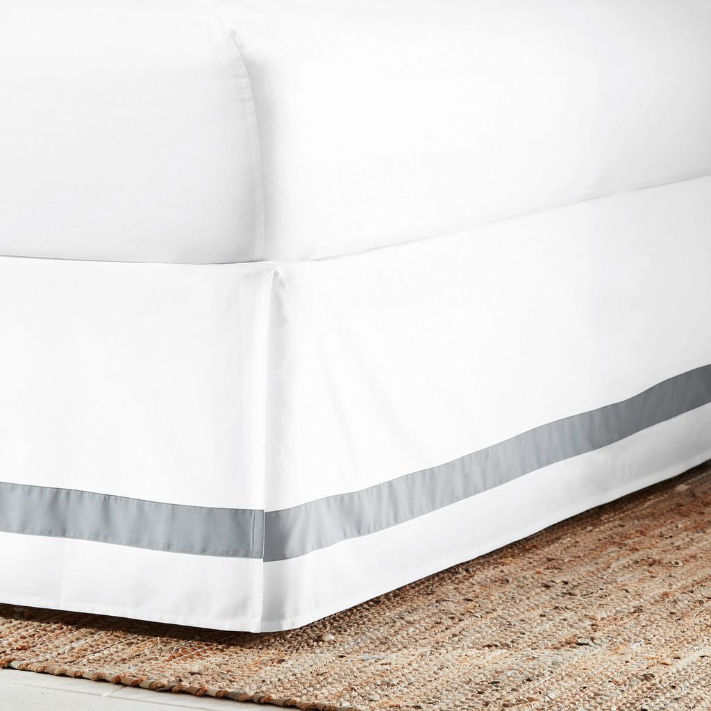 Everhome Emory Hotel Solid Border Bed Skirt, Tailored 15" Drop, White/Microchip Grey, Twin