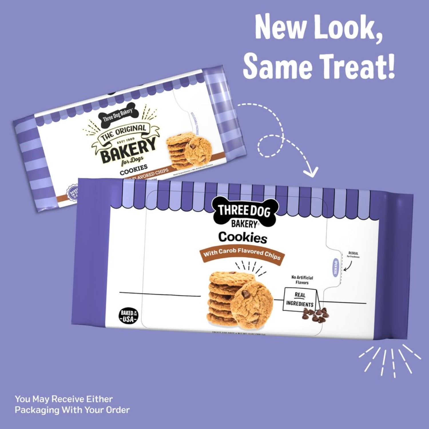 (6 pack) Three Dog Bakery Cookies with Carob Flavored Chips, Baked Dog Treats, 13 oz