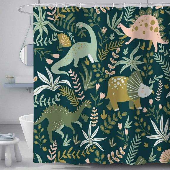 Kids Shower Curtains,Funny Dinosaur Shower Curtains, Cute Dinosaur for Boys Girls, Green Plant Leaf Flowers Colorful Bathroom Decor with Hooks Waterproof Fabric Polyester Bathtub Decorative