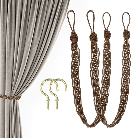 23inch Curtain Tiebacks, 2 Pack Curtain Tie Backs Handmade Braided Drapery Tiebacks Lovely Cute Versatile Holdback Rope with Hook for Curtains Drapes Wall Window, Dark Brown