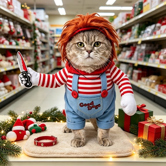 Red Funny Halloween & Christmas Pet Outfit, Hooded Holiday Costume with Wig for Small‑Medium Dogs & Cats