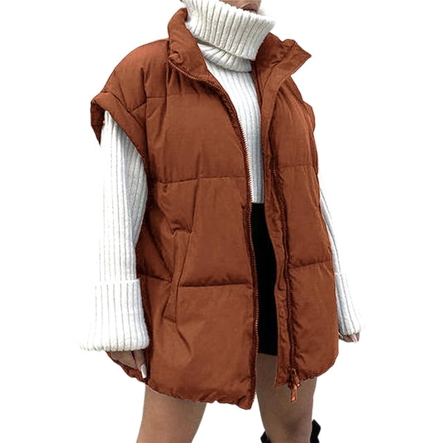 Chaleco Acolchado Extragrande de Invierno para Mujer, Ligero, con Cuello Alto, Sin Mangas, Acolchado y Bolsillos. Marrón Oscuro XL
