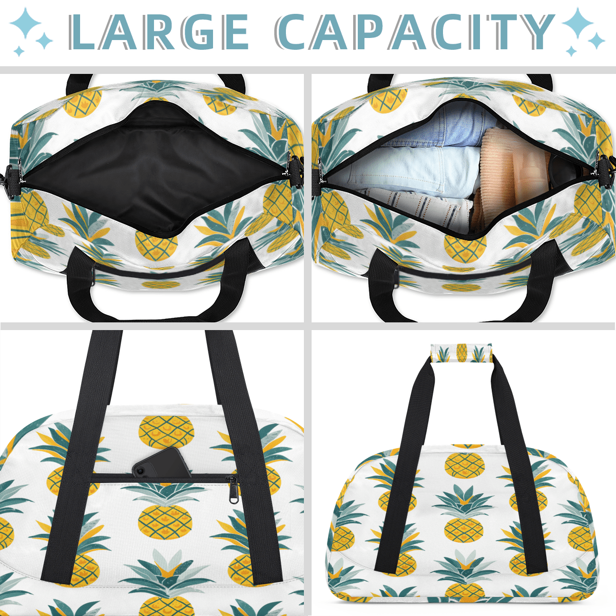 Herdesigns Tropical Pineapple Sports Duffle Bag for Women & Men, Hawaiian Pineapple Gym Bag Dance Bag Overnight Bag Carry On Weekender Travel Bag