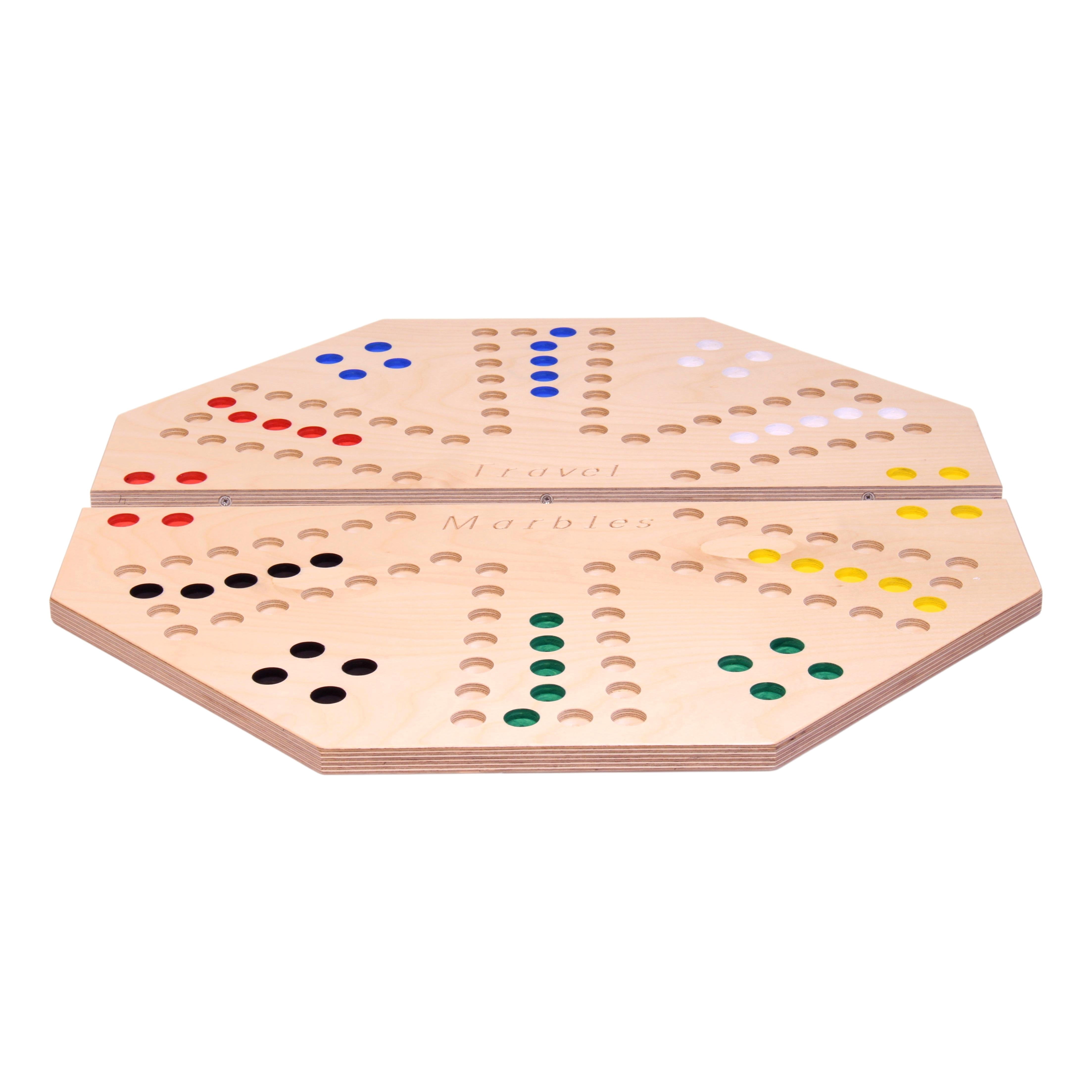 AmishToyBox.com Travel Marble Chase Cards N' Marbles Wooden Board Game Set - Double-Sided 23" Wide Board - with Cloth Carry Bag- Includes 22mm Marbles and Playing Cards