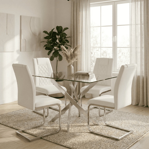 UZUGUL Rectangular Tempered Glass Dining Table Set for 4 Silver Metal Legs with 4 White PU Chairs, 8mm Thick Top, Space-Saving for Kitchen