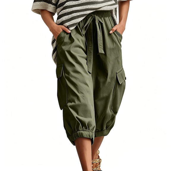 ClodeEU Women's High Waist Drawstring Capri Shorts,Casual Baggy Knee Length Shorts with Pockets Army Green,Women's Plus L
