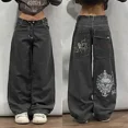 thumbnail image 1 of Pantalones de pierna ancha y recta con estampado de calavera y personalidad de estilo nuevo americano, pantalones de mezclilla lavados de cintura alta y holgados estilo Harajuku Y2K, 1 of 4