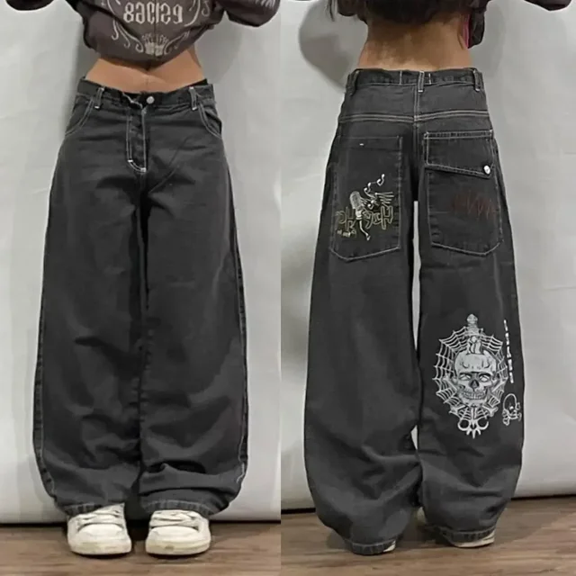 Pantalones de pierna ancha y recta con estampado de calavera y personalidad de estilo nuevo americano, pantalones de mezclilla lavados de cintura alta y holgados estilo Harajuku Y2K