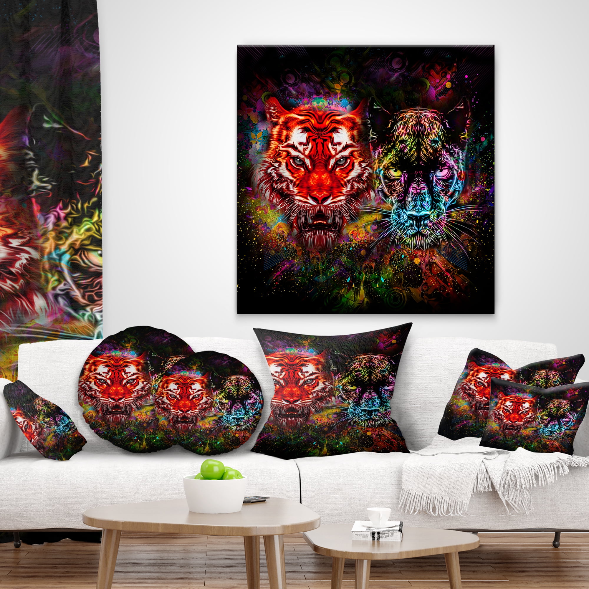 Designart Tiger and Panther with Splashes - Animal Throw Pillow - 18x18