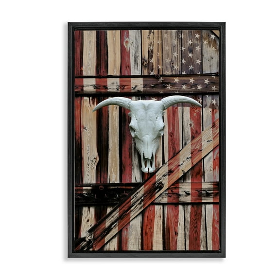 Stupell Industries Patriotic Cow Skull Transportation Painting Black Floater Framed Art Print Wall Art, 17 x 25